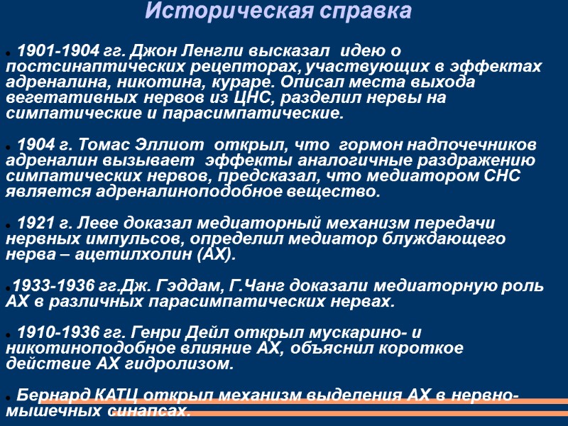 Историческая справка   1901-1904 гг. Джон Ленгли высказал  идею о постсинаптических рецепторах,